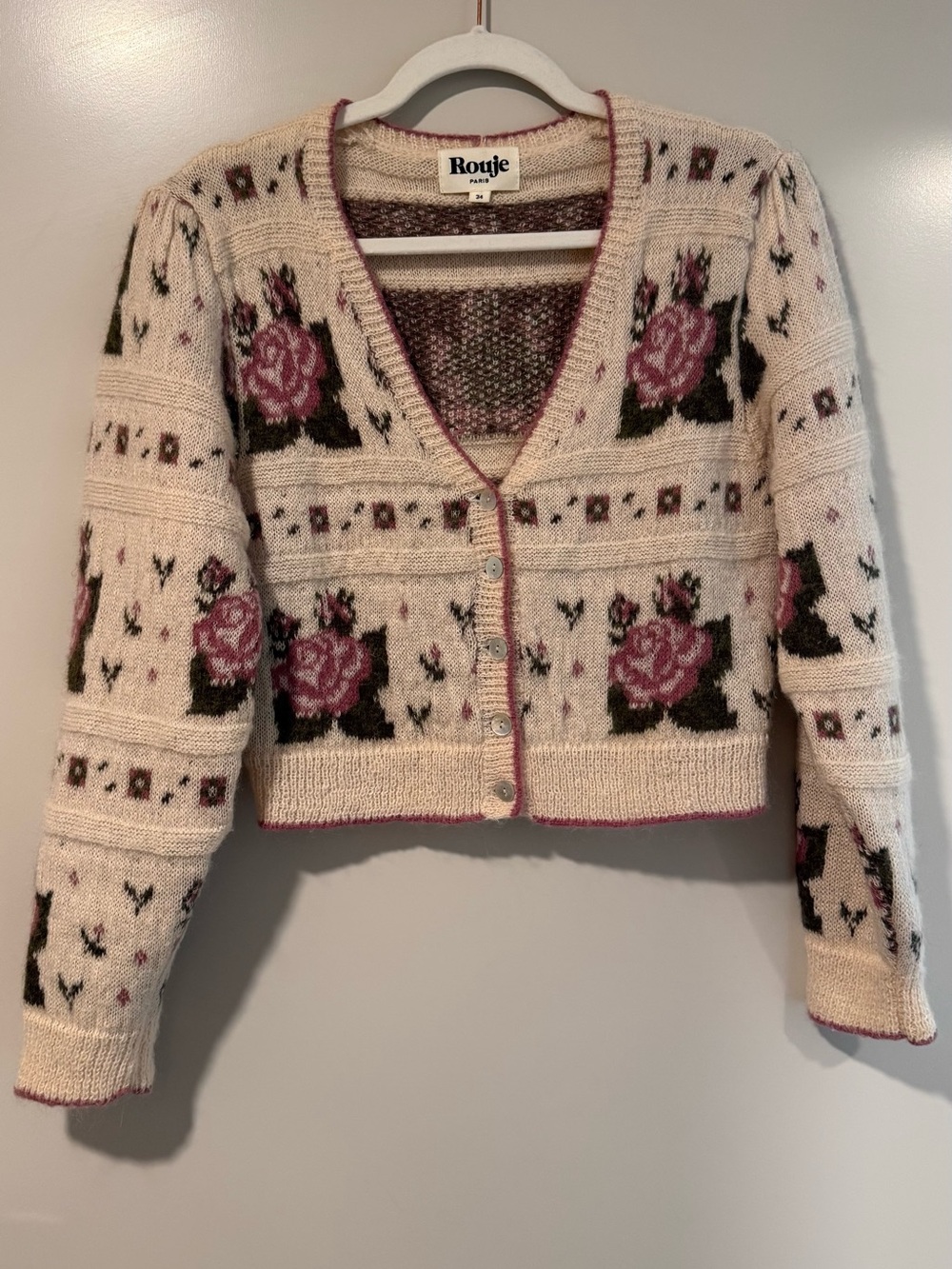 Rouje Cream and Pink Rose Intarsia Cropped Cardigan